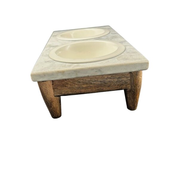 Elevated Pet Feeder x 2 Enamel Bowl Set Oak Hard Wood Base Marble Top Dog Cat - Picture 3 of 14